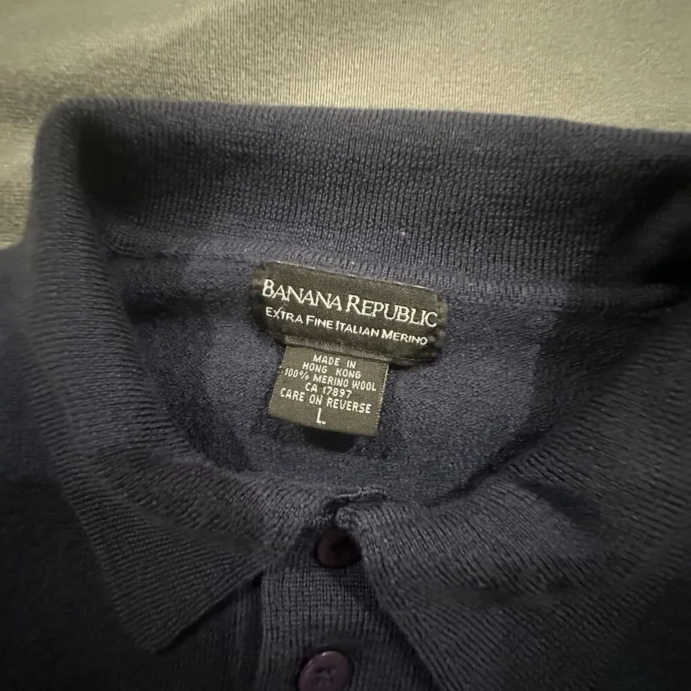 Banana Republic Sweater Mens L Extra Fine Italian Merino Wool Polo Pullover Navy